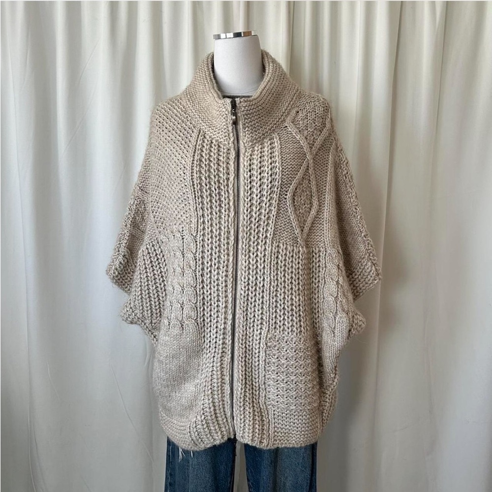 Elsamanda Zip-up poncho sweater chunky knit wool blend Cream One Size - Picture 2 of 8